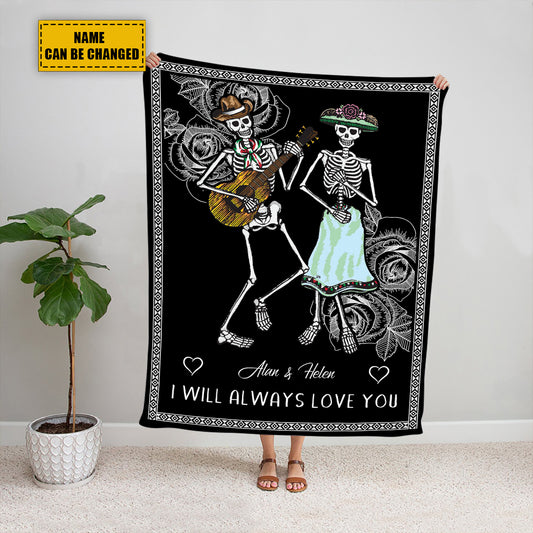 Teesdily | Day Of The Dead Skeleton Couple Personalized Fleece Blanket I Will Always Love You Throw Blanket Couple Halloween Bedroom Decor