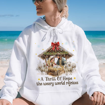 Teesdily | Nativity Scene Christmas Coquette Jesus Shirt, A Thrill Of Hope Sweatshirt, Christmas Nativity Hoodie Mug Religious Gift