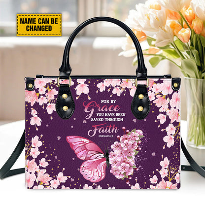 Teesdily | Custom Jesus Butterfly Flower Pink Bag, For By Grace You Have Been Saved Through Faith Leather Bag, Floral Bible Verse Bag, Women Gifts