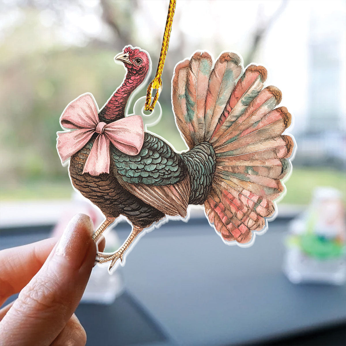 Teesdily | Happy Thanksgiving Turkey Ornament, Turkey Bow Coquette Acrylic Ornament Hanging, Autumn Home Decor, Thanksgiving Gift