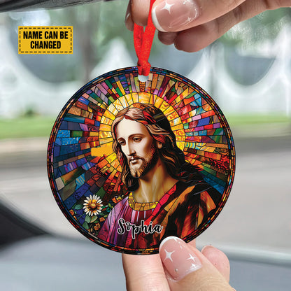 Teesdily | Jesus Portrait Stained Glass Print Ornament, Jesus Christ Sunflower Car Hanger Ornament, Jesus God Colorful Rear View Mirror Accessories