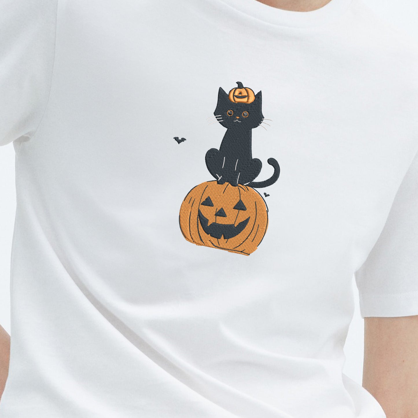 Teesdily | Halloween Embroidered Black Cat Pumpkin Shirt, Embroidery Halloween Pumpkin Embroidered Sweatshirt, Happy Halloween Holiday, Cat Lover Gift