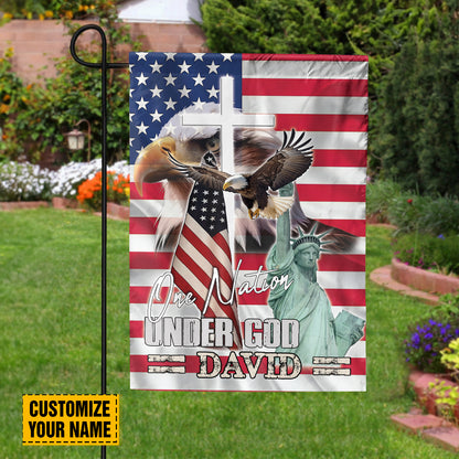 Teesdily | Customized American Eagle Garden Flag, Statue Of Liberty Jesus Cross House Flag, One Nation Under God Outdoor Flag, Independence Day Gifts