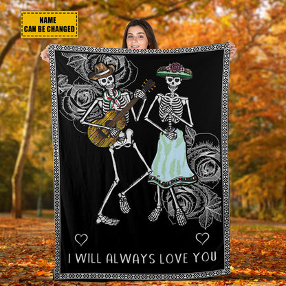 Teesdily | Day Of The Dead Skeleton Couple Personalized Fleece Blanket I Will Always Love You Throw Blanket Couple Halloween Bedroom Decor