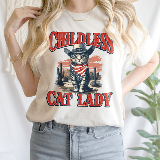 Teesdily | Childless Cat Lady Shirt, Childless Cat Lady For Comma La Sweatshirt Hoodie Mug, Vintage Cat Cowboy T-shirt, Kama-laa Tee, Patriot Gift