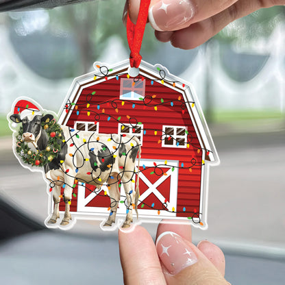 Teesdily | Cow Christmas Ornament, Red Barn Cow Hanging Ornaments, Cute Cow Christmas Tree Decor, Cow Lover Gift Idea Xmas Door Farmhouse Decor