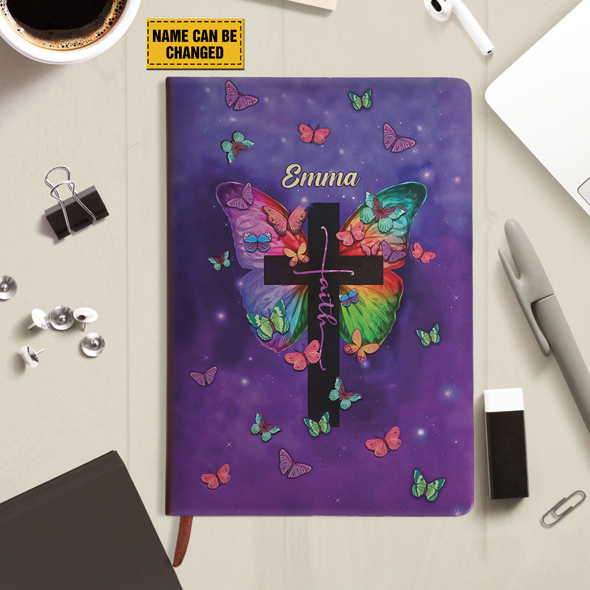 Teesdily | Customized Faith Cross Butterfly Bible Notebook I Can Do All Things Through Christ Bible Journal Jesus Lover Christian Leather Journal