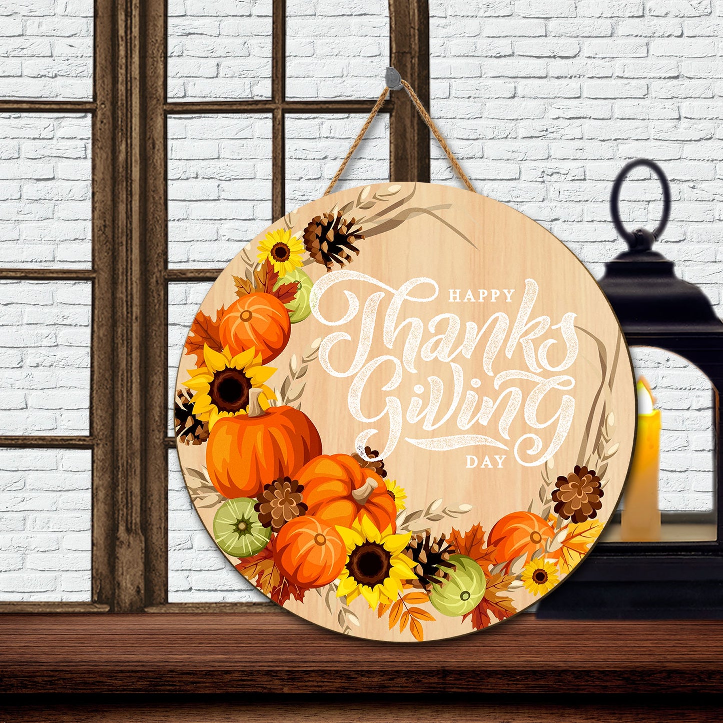 Teesdily | Happy Thanksgiving Autumn Wreath Wood Sign Pumpkin Sunflower Autumn Maple Leaves Home Decoration Gift For Family Front Door Welcome