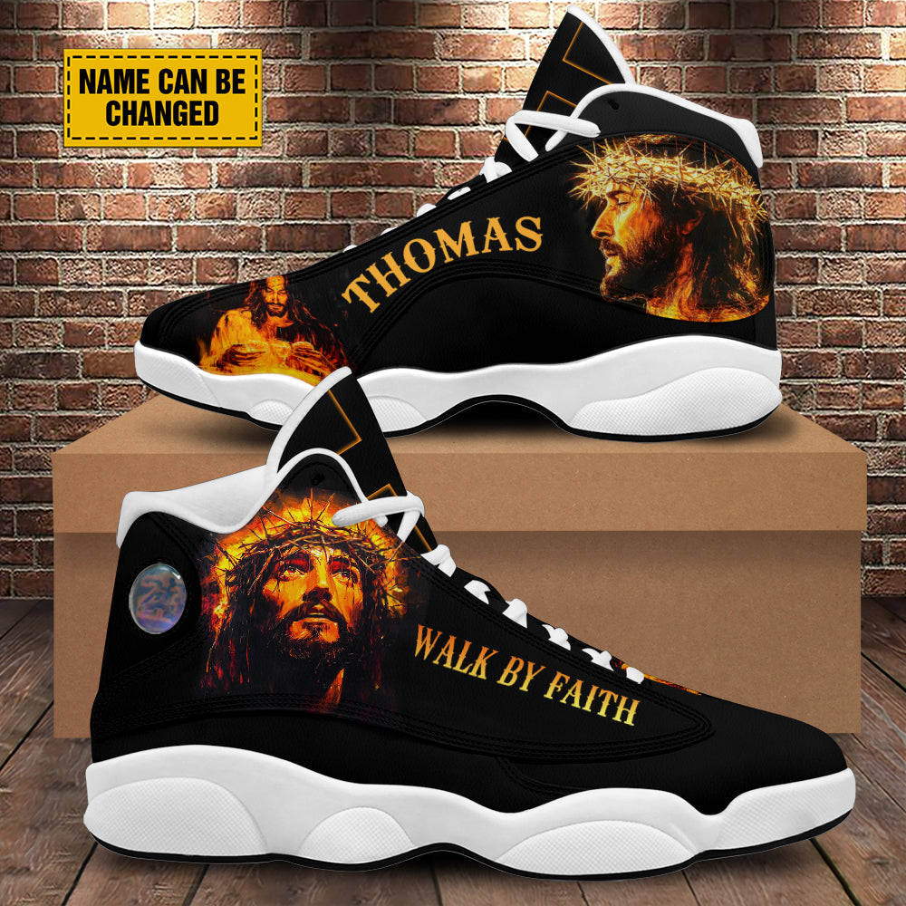 Teesdily | Customized Jesus Portrait Art Basketball Shoes, Walk By Faith Running Shoes Christian Unisex Shoes With Thick Sole