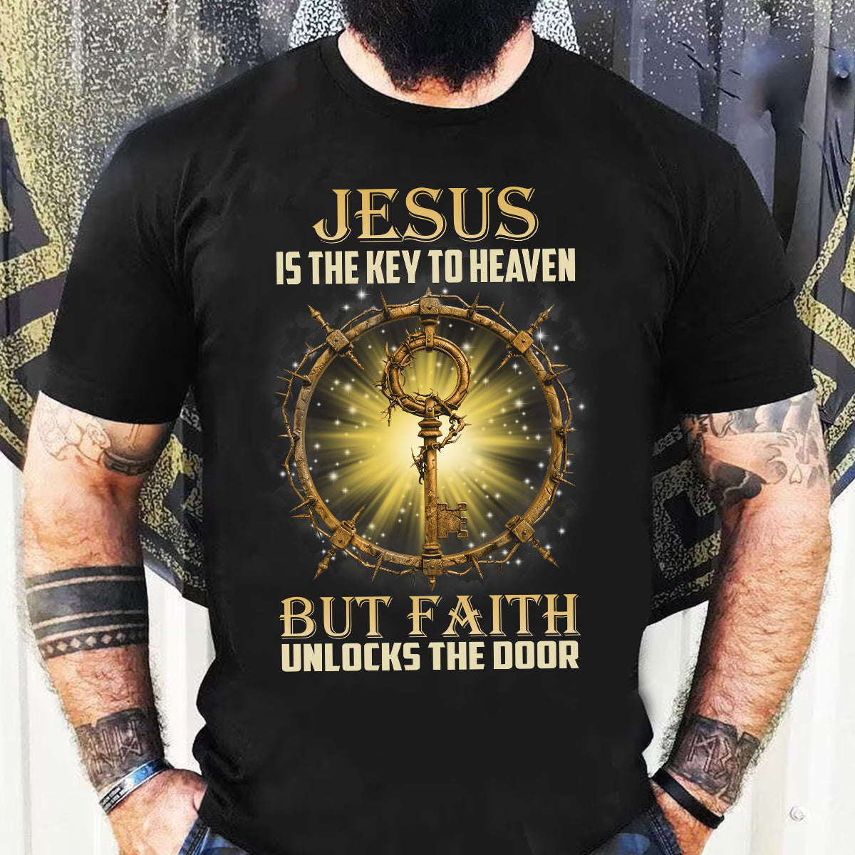 Teesdily | Jesus Is The Key To Heaven Shirt, Christian Cross Wreath Shirt, Religious Gifts Unisex Tshirt Hoodie Sweatshirt Size S-5XL / Mug 11-15Oz