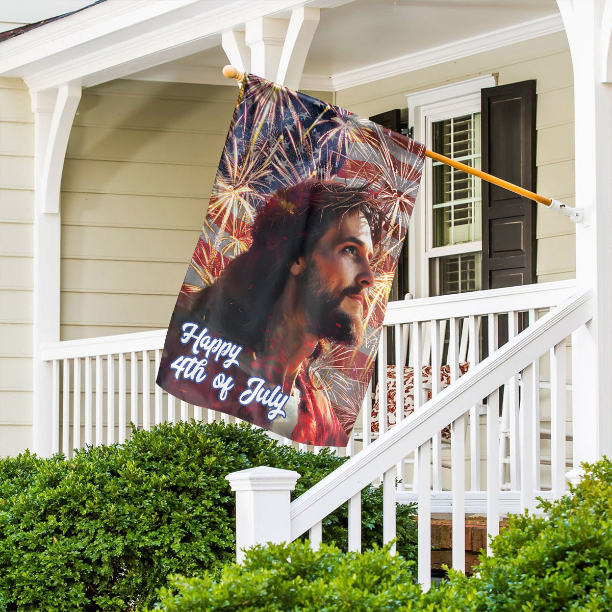 Teesdily | Jesus American Flag Home, Happy 4th Of July House Garden Flag, Independence Day Gifts, God Believer Christian Outdoor Decoration