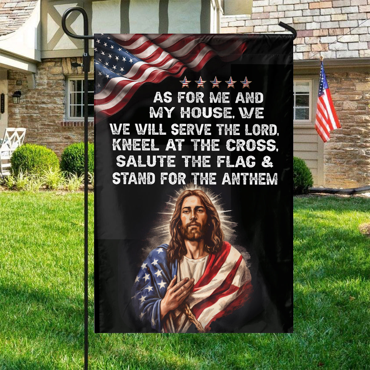 Teesdily | Jesus American Garden Flag, As For Me And My House, We Will Serve The Lord House Flag, American Patriotic Flag, Jesus Outdoor Decor Gift