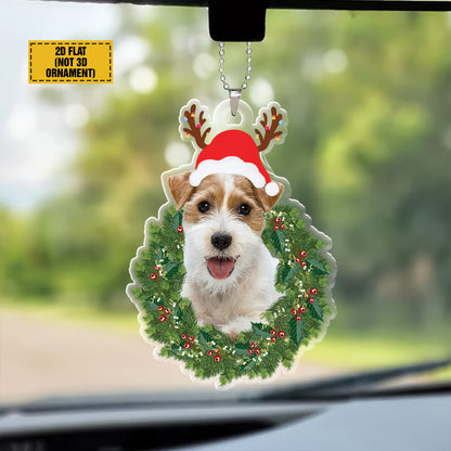 Teesdily | Jack Russell Terrier Christmas Wreath Ornament, Jack Russell Terrier Xmas Hat Deer Antlers Car Hanging Ornament, Dog Owner Xmas Tree Decor