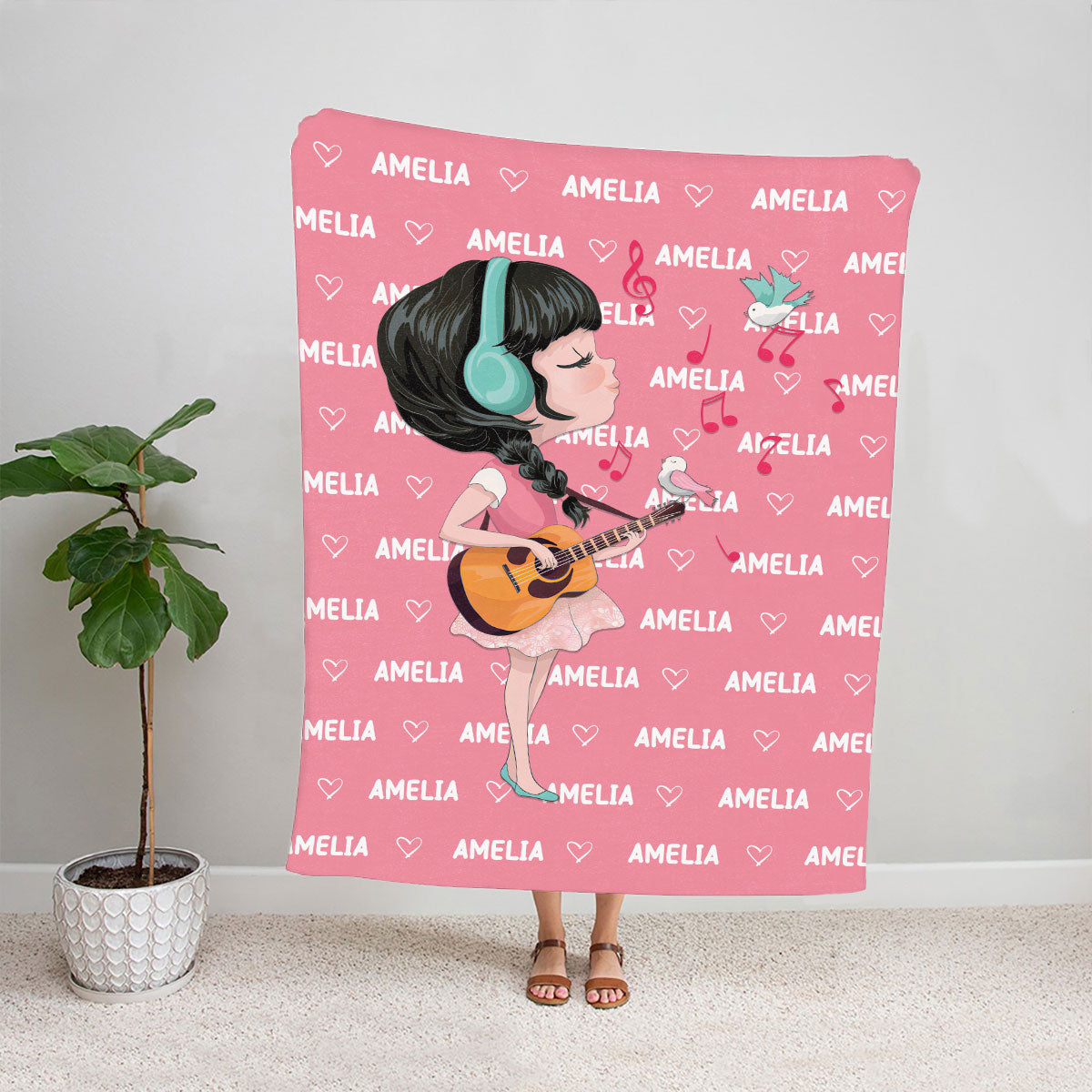 Teesdily | Personalized Name Little Girl Guitar Player Fleece Blanket Music Lover Throw Blanket For Baby Girl Daughter Nursery Birthday Gifts