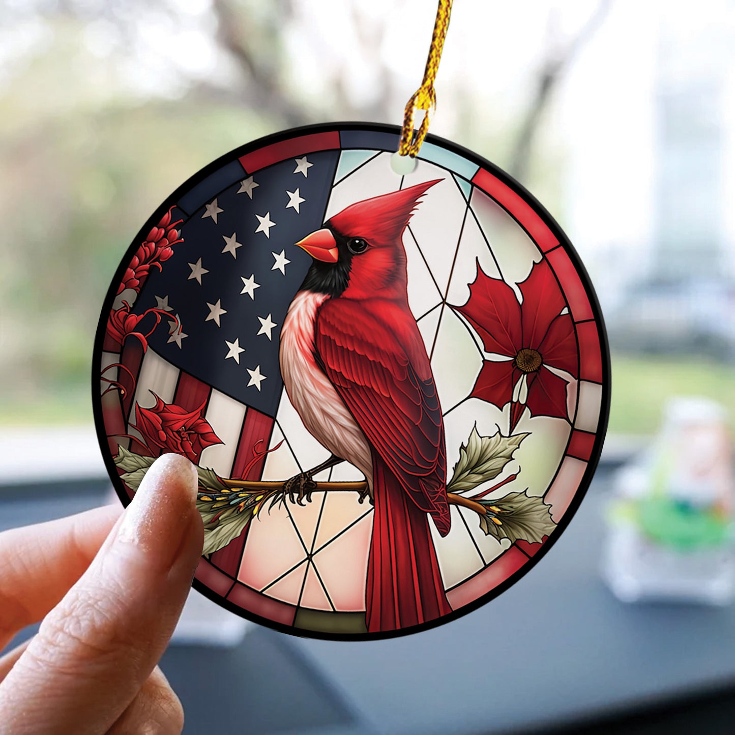 Teesdily | Cardinal Bird American Flag Ceramic Ornament, Cardinal Bird Red Design Acrylic Ornament Christmas Decoration, Church Religious Jesus Lovers Gifts