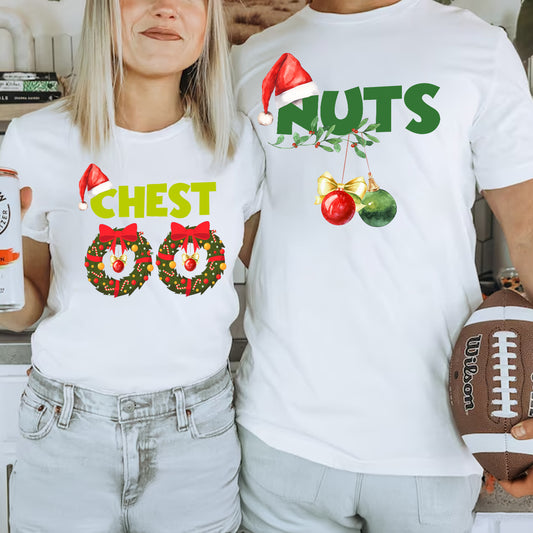 Teesdily | Chest Nuts Matching Christmas Shirt, Funny Couple Shirts, Christmas Couple Sweatshirt, Holiday Matching Family Gift