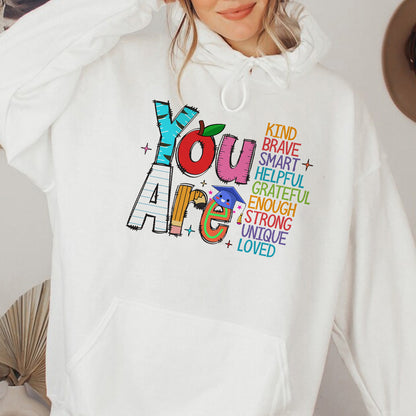 Teesdily | You Are Kind Loved Brave Enough Shirt, Back To School T-shirt, Teacher Love Sweatshirt Hoodie Mug, First Day Of School Tee, Teacher Gift