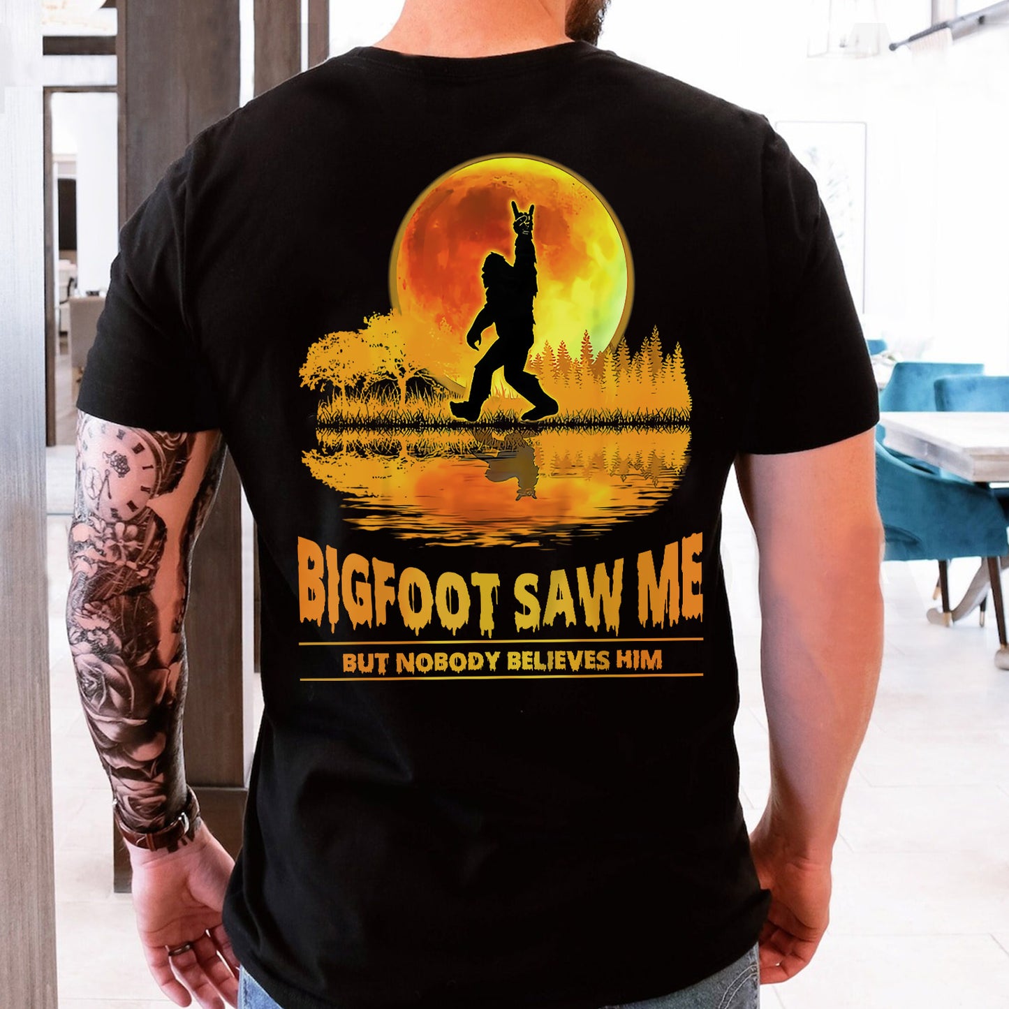 Teesdily | Bigfoot Moon Art Shirt, Bigfoot Saw Me But Nobody Believes Him Tee Sweatshirt Hoodie Mug, Funny Shirt, Bigfoot Believers Gifts