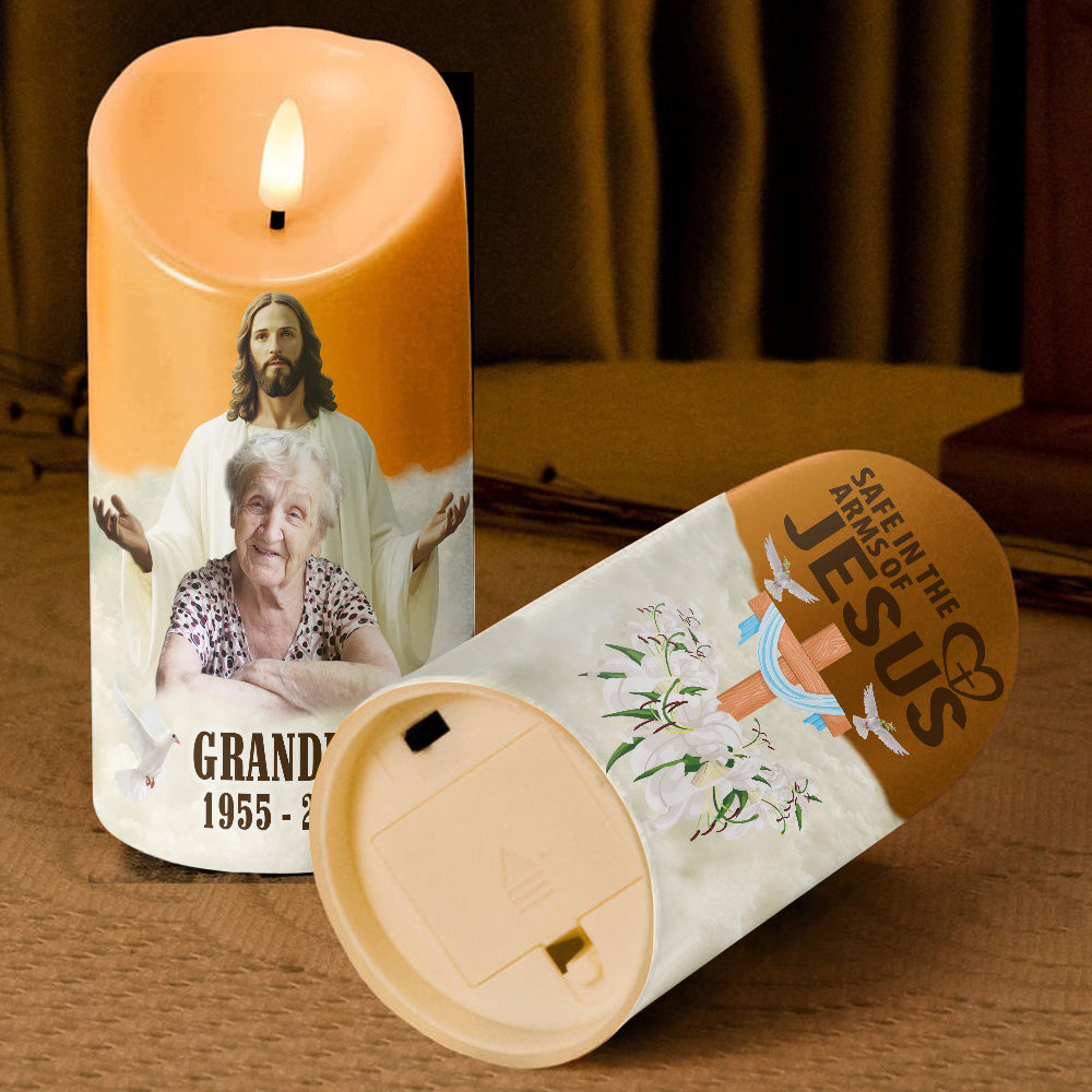 Teesdily | Customized Safe In The Arms Of Jesus LED Candle, Christmas Memorial LED Candle No Battery, Christ Cross Religious Gift