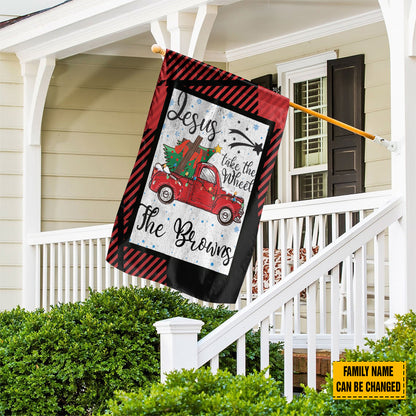 Teesdily | Customized Jesus Take The Wheel Christmas Garden Flag, Red Truck Car Christmas Tree House Flag, Christ Cross Home Flag