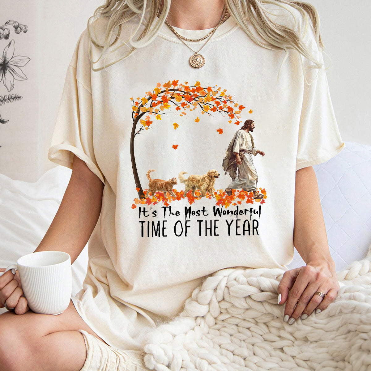 Teesdily | Jesus Golden Retriever And Cat Shirt, It's The Most Wonderful Time Of The Year Sweatshirt Hoodie Mug, Dog Cat Lover Gift