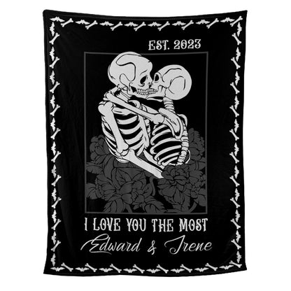 Teesdily | Skull Couple Personalized Fleece Blanket I Love You The Most Sofa Blanket Halloween Throw Spooky Skull Decor Goth Halloween Custom Gifts