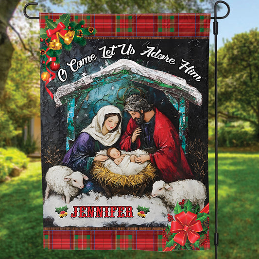 Teesdily | Customized Jesus Nativity Christmas Garden Flag, O Come Let Us Adore Him House Flag, Jesus Birth Gift, Xmas Gift