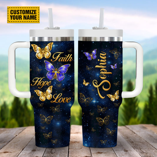 Teesdily | Butterfly Jewelry Personalized Tumbler, God Faith Hope Love Insulated Tumbler, Gift For Faith Women Christian 40oz Tumbler