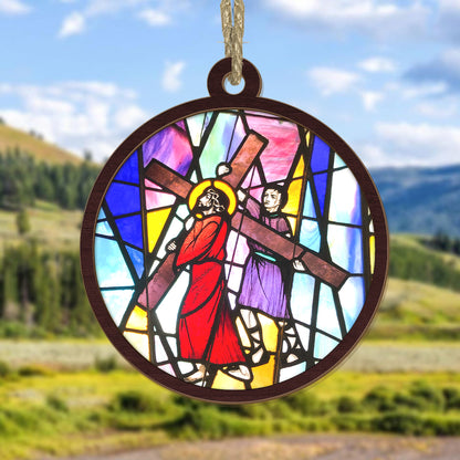 Teesdily | Simon Jesus Cross Suncatcher, Simon Helps Jesus To Carry His Cross Suncatcher, Jesus Lovers Gifts, Christian Christmas Gift, Xmas Decor