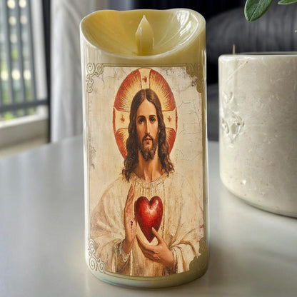 Teesdily | The Lord's Prayer LED Candle, Jesus Christ Scared Heart LED Candle Without Battery, Religious Christmas Home Decor