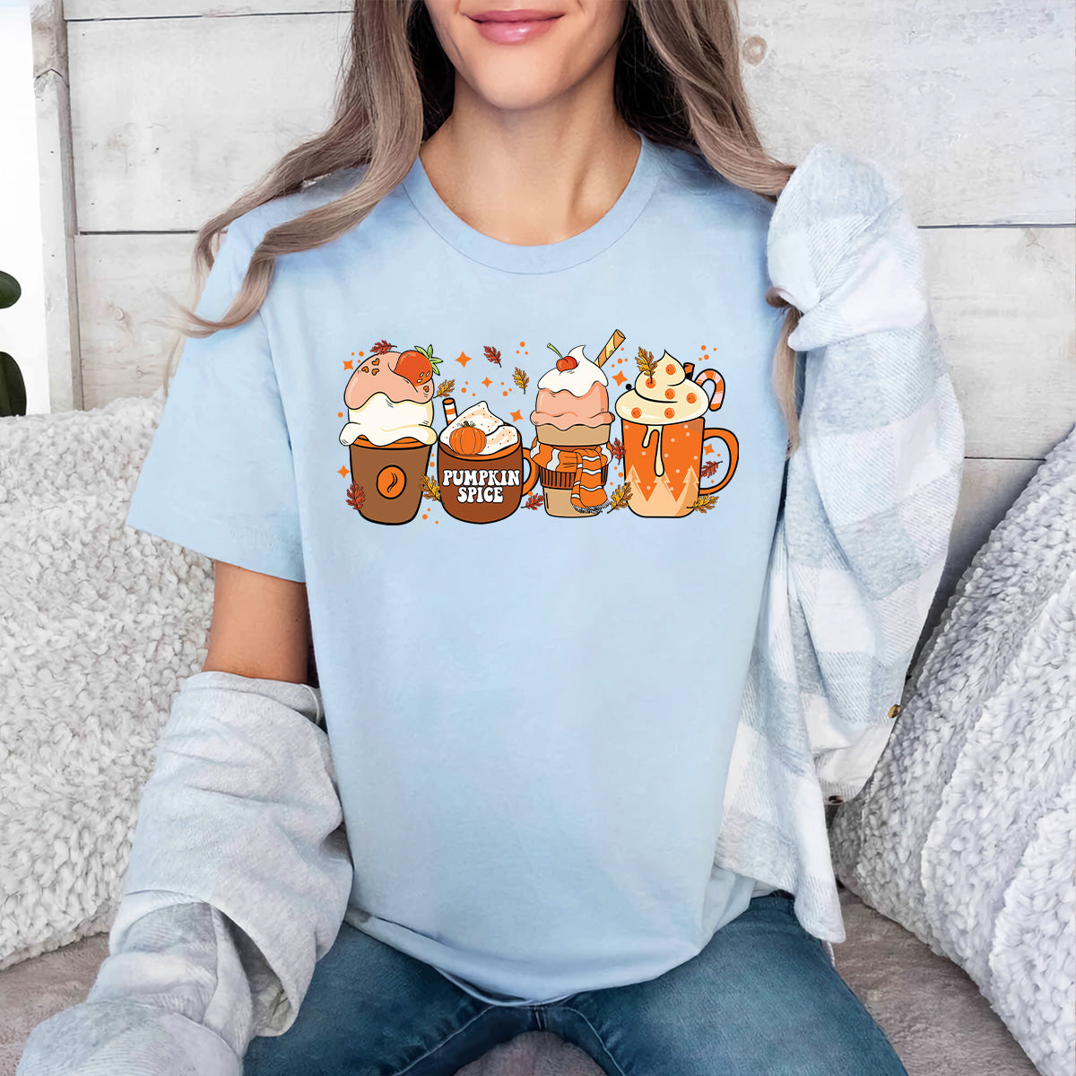 Teesdily | Halloween Pumpkin Spice Sweatshirt, Fall Thankful Coffee Cup Hoodie Mug, Halloween Pumpkin Latte Drink Tee Gift