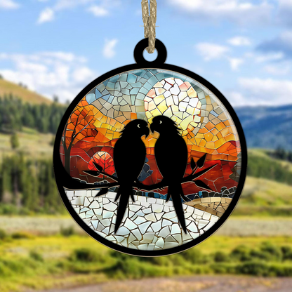 Teesdily | Winter Forest Suncatcher Ornament, Couple Birds Suncatcher Home Decor, Christmas Window Hanging Ornament, Gift For Holiday