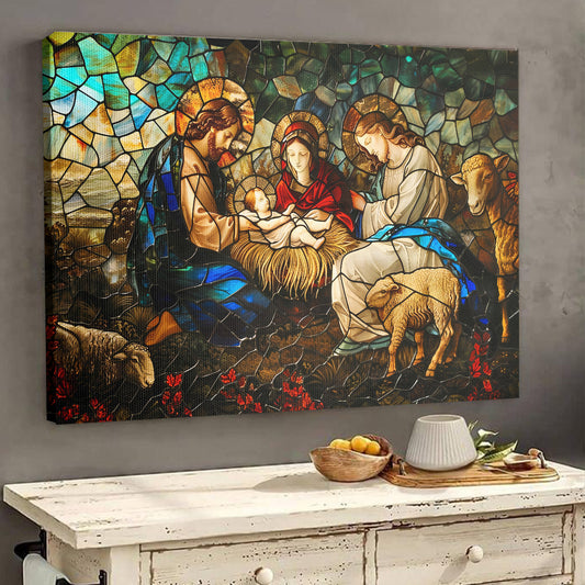 Teesdily | Jesus Nativity Christian Art Poster, Christmas Nativity Jesus Stained Glass Printed Poster, Catholic Art Canvas Wall Decor