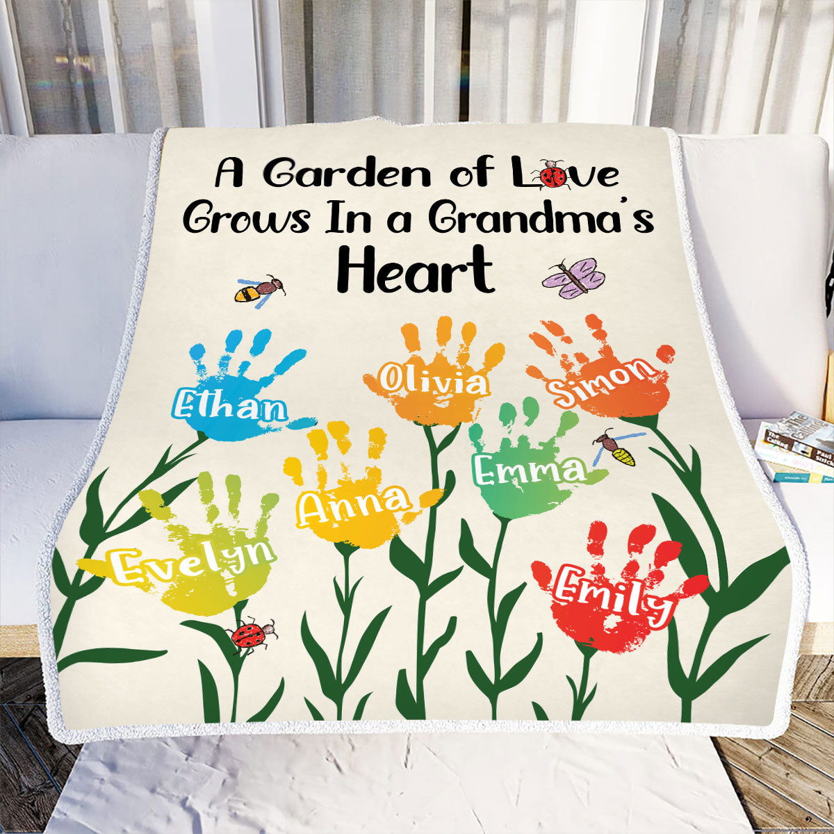 Teesdily | Customized Grandmother's Garden Throw Blanket A Garden Of Love Grows In A Grandma's Heart Fleece Blanket Kid Drawing Style Grandmom Gifts