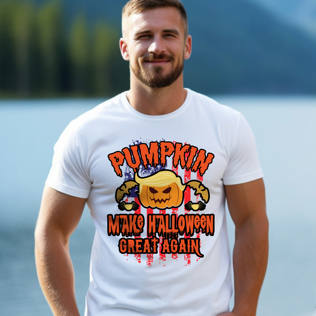 Teesdily | Halloween American Flag Pumpkin Shirt, Pumpkin Make Halloween Great Again T-shirt, Pumpkin Halloween Sweatshirt Hoodie Mug, Holiday Gifts