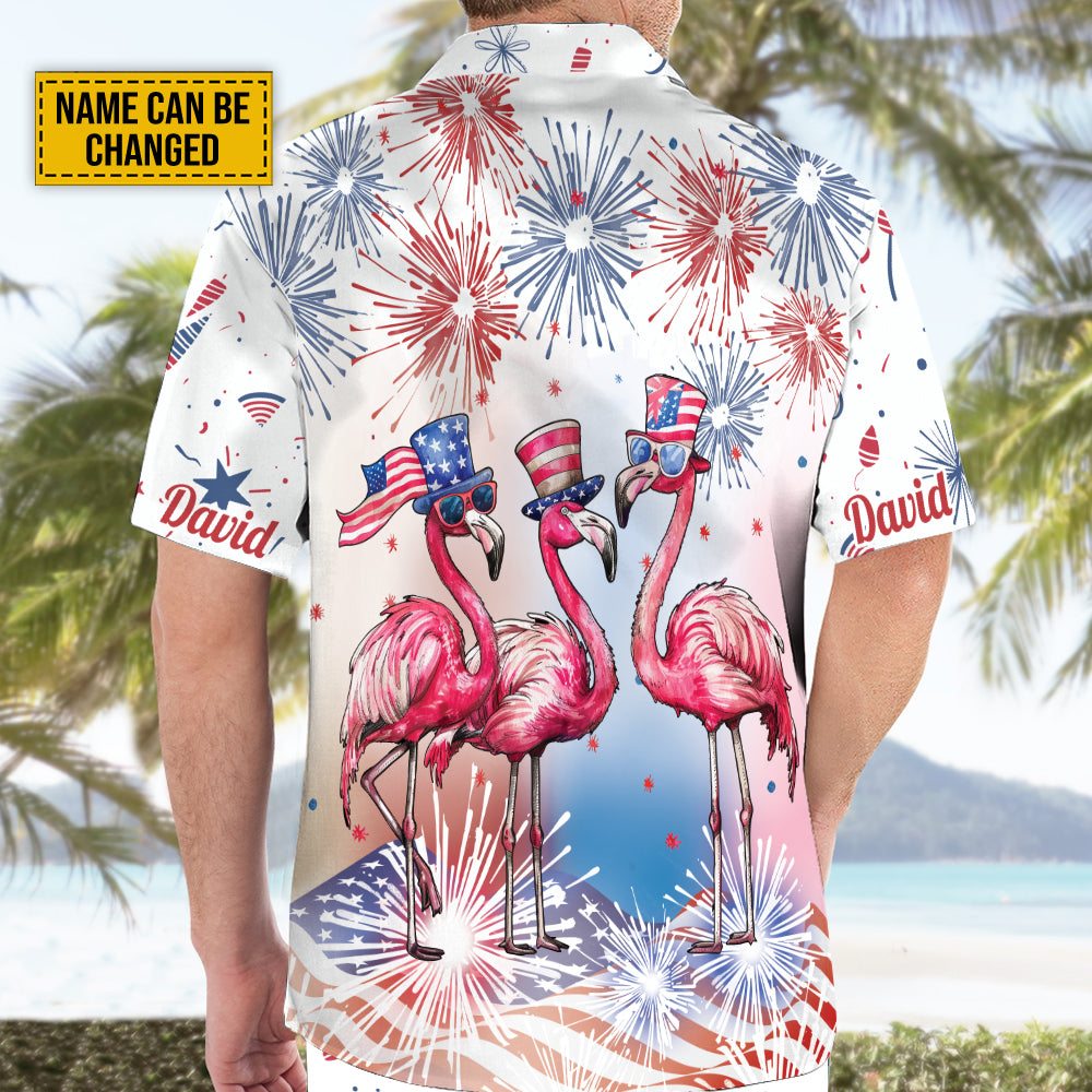 Teesdily | Custom Flamingo American Flag Hawaiian Shirt, Flamingo Beach Hawaii Set, Flamerica Patriotic Aloha Outfit, Independence 4th Of July Gifts