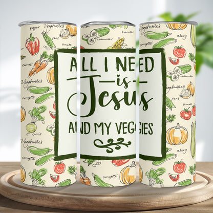 Teesdily | Christian Vegetarian Skinny Tumbler, All I Need Is Jesus And My Veggies Insulated Tumbler 20oz, Cute Vegetables Pattern Water Tumbler Gifts