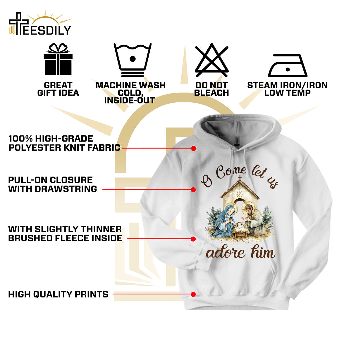 Teesdily | Nativity Scene Shirt, O Come Let Us Adore Him Shirt, Christmas Jesus Nativity Sweatshirt, Christian Birth Religious Hoodie Mug, Xmas Gift