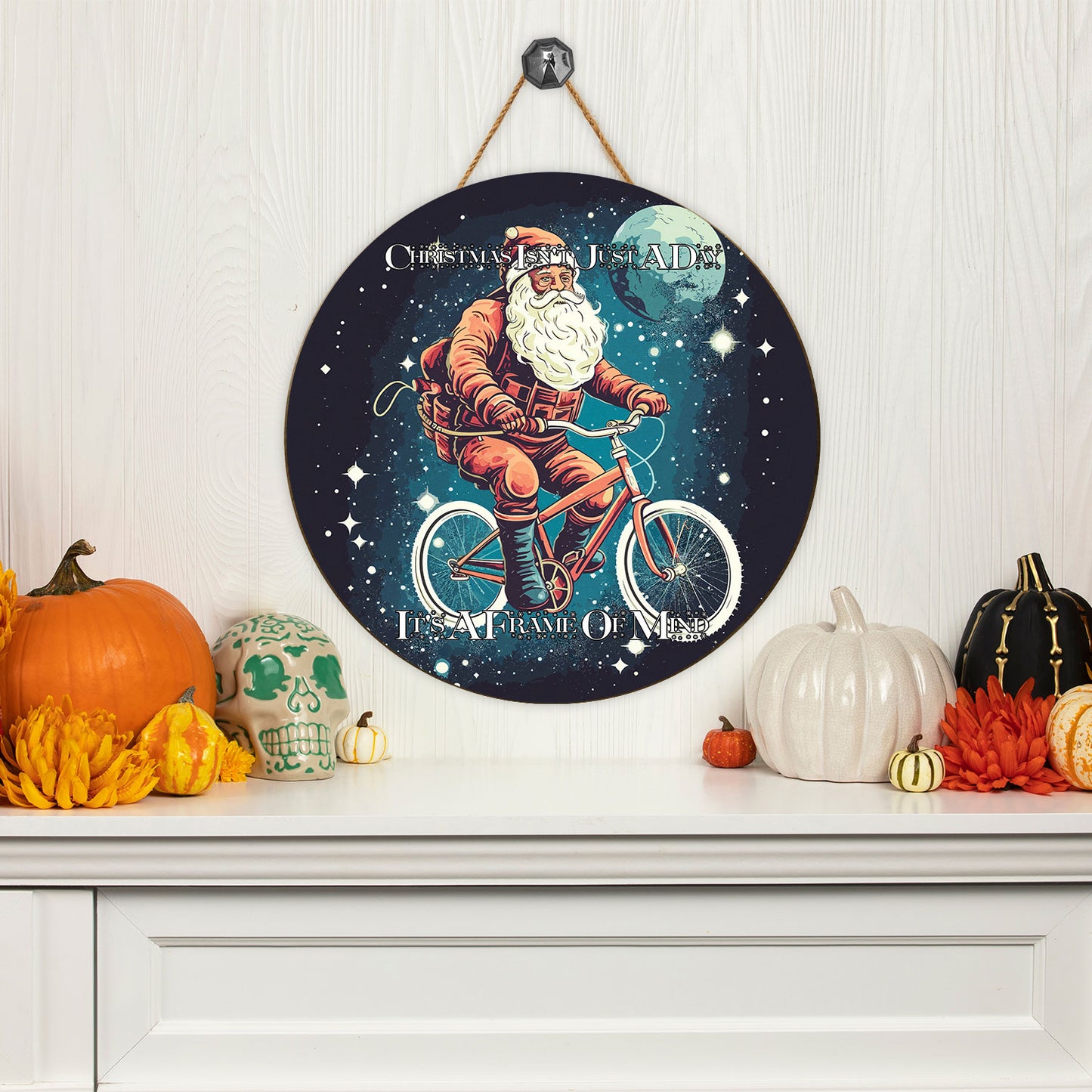 Teesdily | Customized Santa Claus Cycling Wood Sign Christmas Isn'T Just A Day It's A Frame Of Mind Front Door Sign Funny Custom Xmas Decor