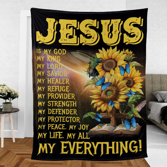 Teesdily | Jesus Is My God My Everything Blanket, Sunflower Hummingbird Christian Throw Blanket, Jesus Lover Gift