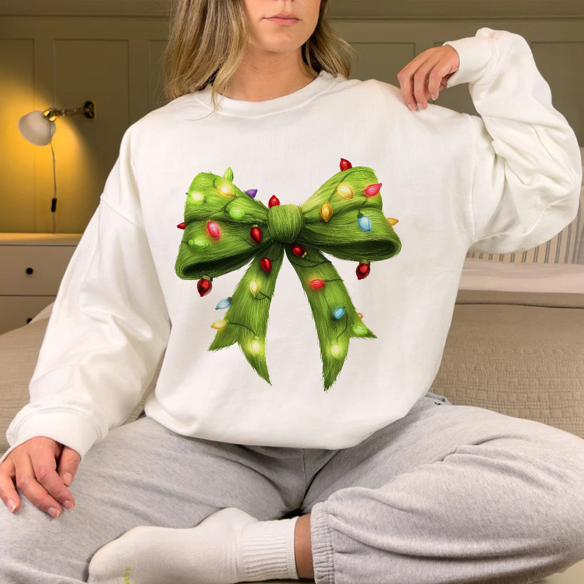 Teesdily | Green Christmas Coquette Bow Shirt, Green Fur Bow Christmas Sweatshirt, Christmas Light Bow Hoodie, Retro Christmas Gift