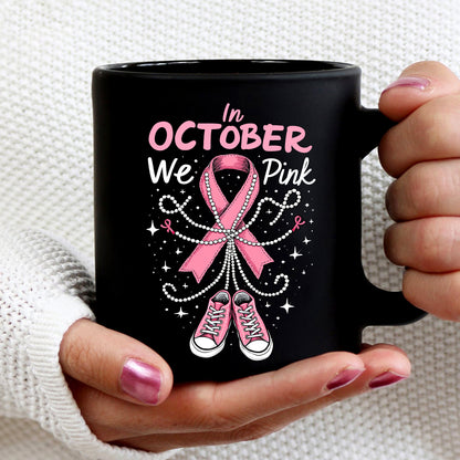 Teesdily | In October We Wear Pink Shirt, Pink Ribbon Shoe Sweatshirt, Breast Cancer Awareness Hoodie Mug, Support Warrior Halloween Gifts