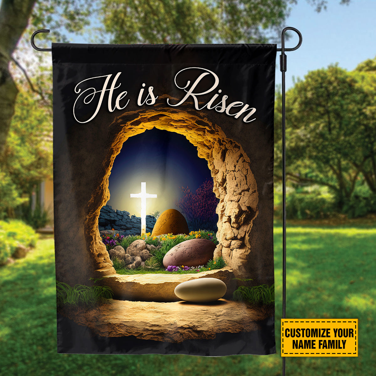 Teesdily | Jesus Easter Personalized Garden Flag He Is Risen Outdoor Flag Christian Easter Day Home Garden Decor Gift For God Believers