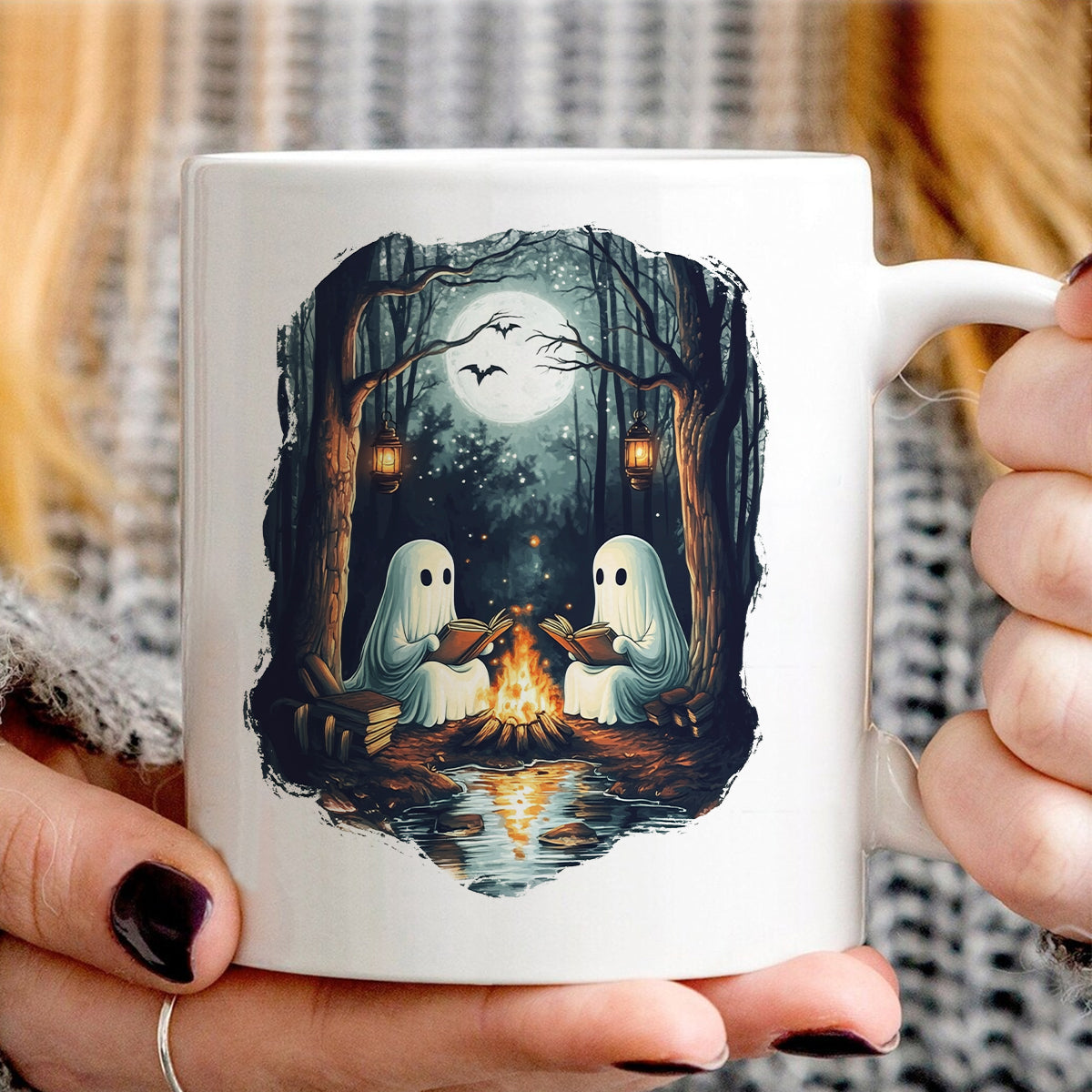 Teesdily | Camping Halloween Ghost Reading Book Shirt, Halloween Costume, Spooky Season Sweatshirt, Ghost Camping Hoodie Mug, Women Fall Gifts