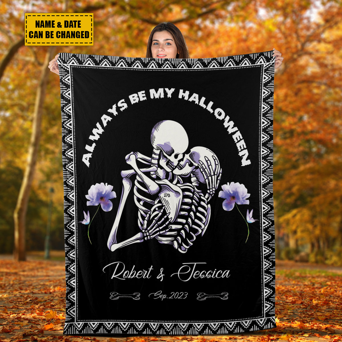 Teesdily | Skeleton Couple Custom Name Blanket Skeleton Halloween Throw Blankets Gothic Spooky Blanket Halloween Valentines Day Christmas Decor