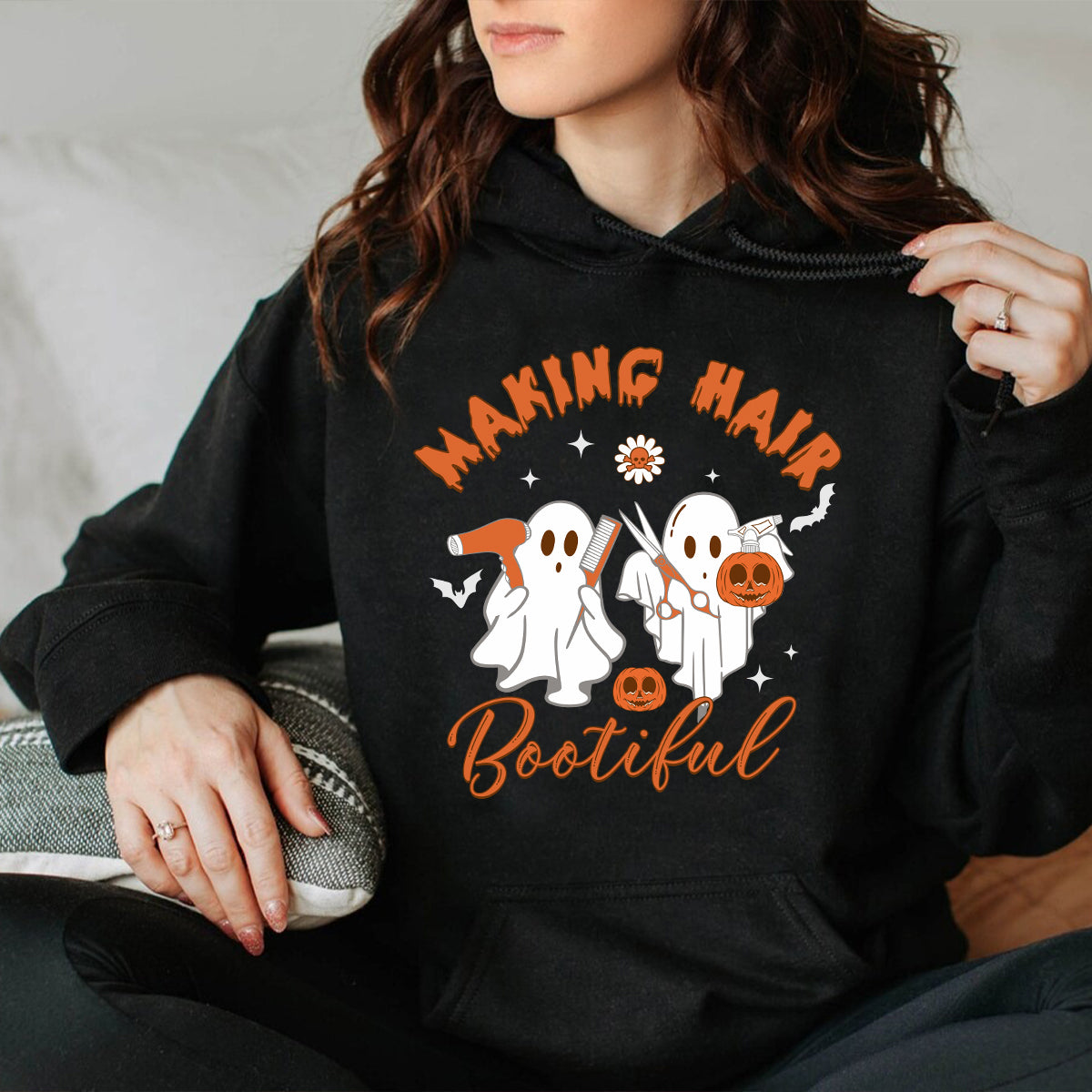 Teesdily | Hairstylist Halloween T-shirt, Making Hair Bootiful Cute Ghost Tee Sweatshirt Hoodie Mug, Halloween Hairdresser Gift, Cute Spooky Gifts