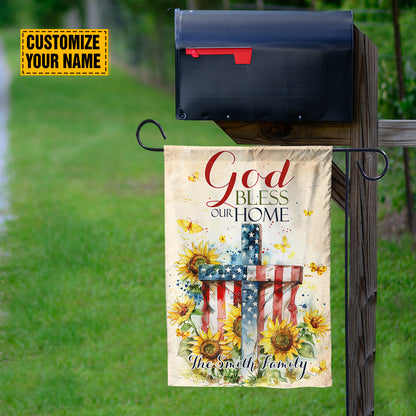 Teesdily | Custom Cross Sunflower Flag Yard, God Bless Our Home Flag, Jesus Lover Gift, Independence Day Gift, Patriotic Garden House Flag