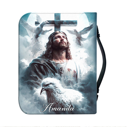 Teesdily | Customized Jesus Praying Doves Bible Holder Jesus Heaven Personalized Bible Case Religious Gift For God Believers