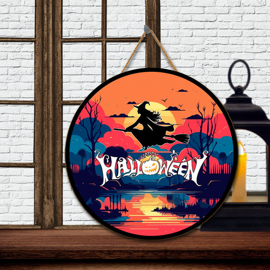 Teesdily | Witch Magical Halloween Sunrise Wood Sign Halloween Trick Or Treat Home Decoration Witch Lovers Gift Porch Decor