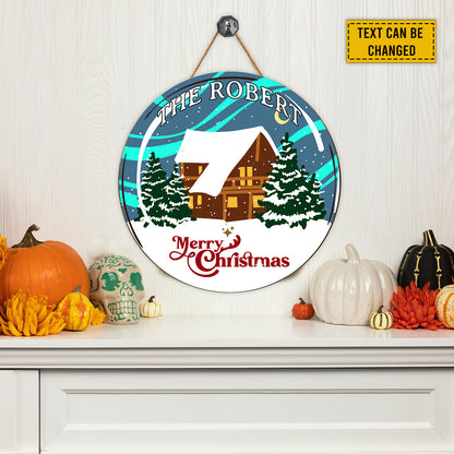 Teesdily | Customized Name Merry Christmas House Wood Sign Winter Christmas Home Decor Christmas Vacation Gift For Family Front Door Decor